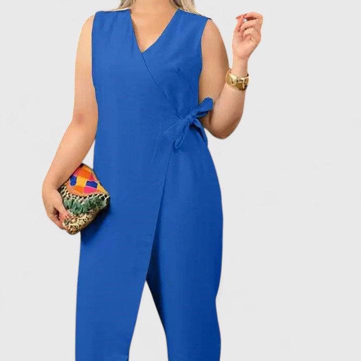 Amber - Women's Sleeveless Jumpsuit with Wrap Style and Waist Belt