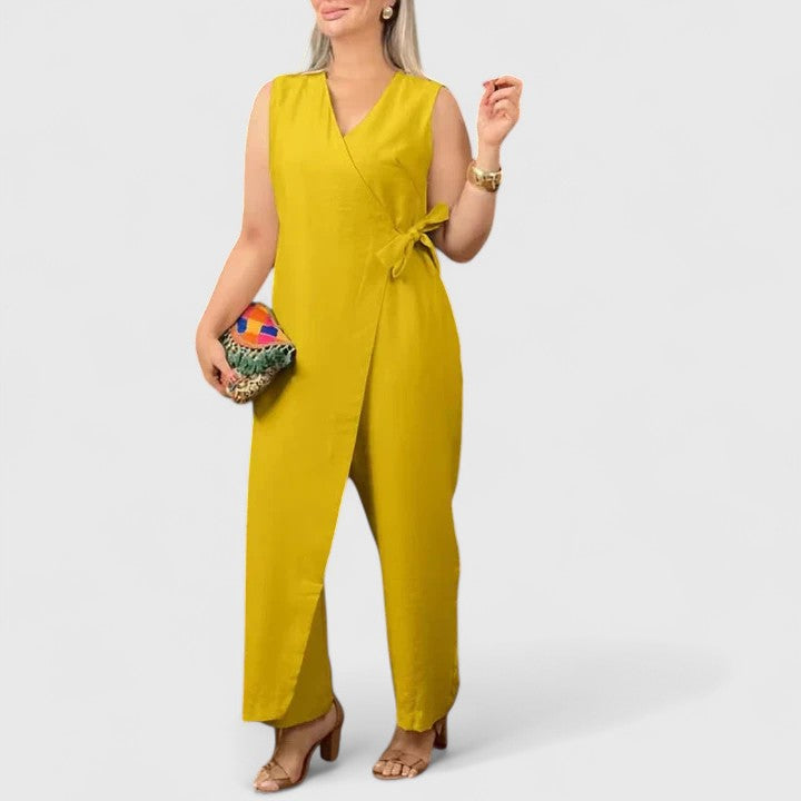 Amber - Women's Sleeveless Jumpsuit with Wrap Style and Waist Belt