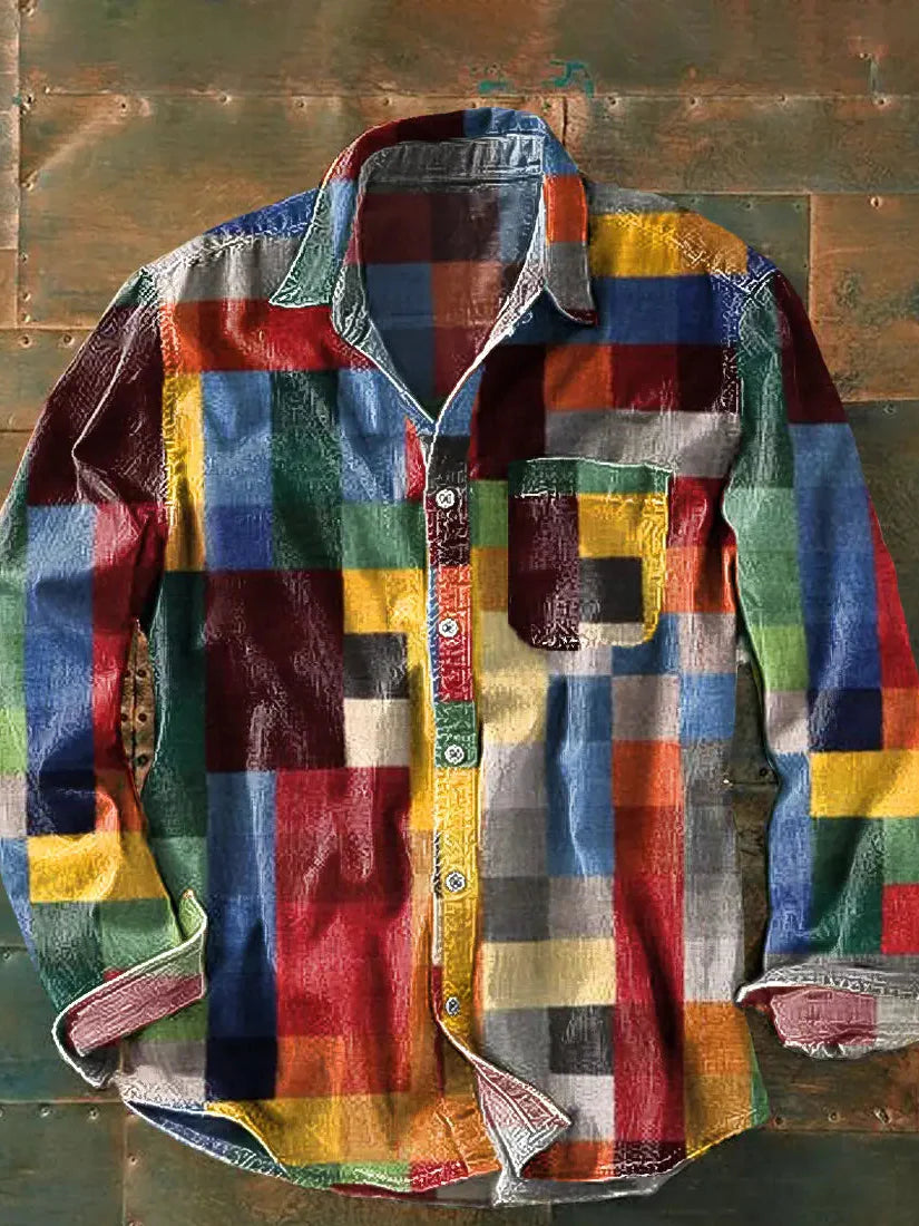 Joshua - Men's Casual Long Sleeve Shirt with Patchwork-Design