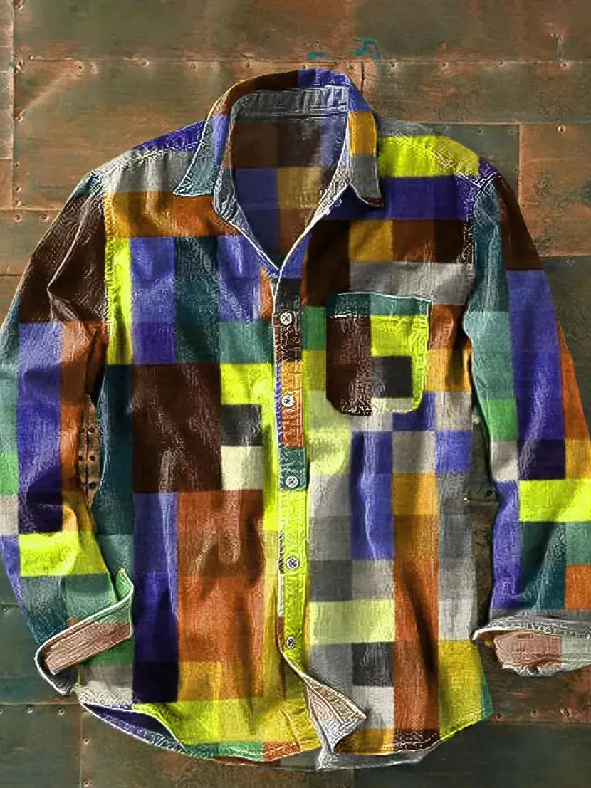 Joshua - Men's Casual Long Sleeve Shirt with Patchwork-Design