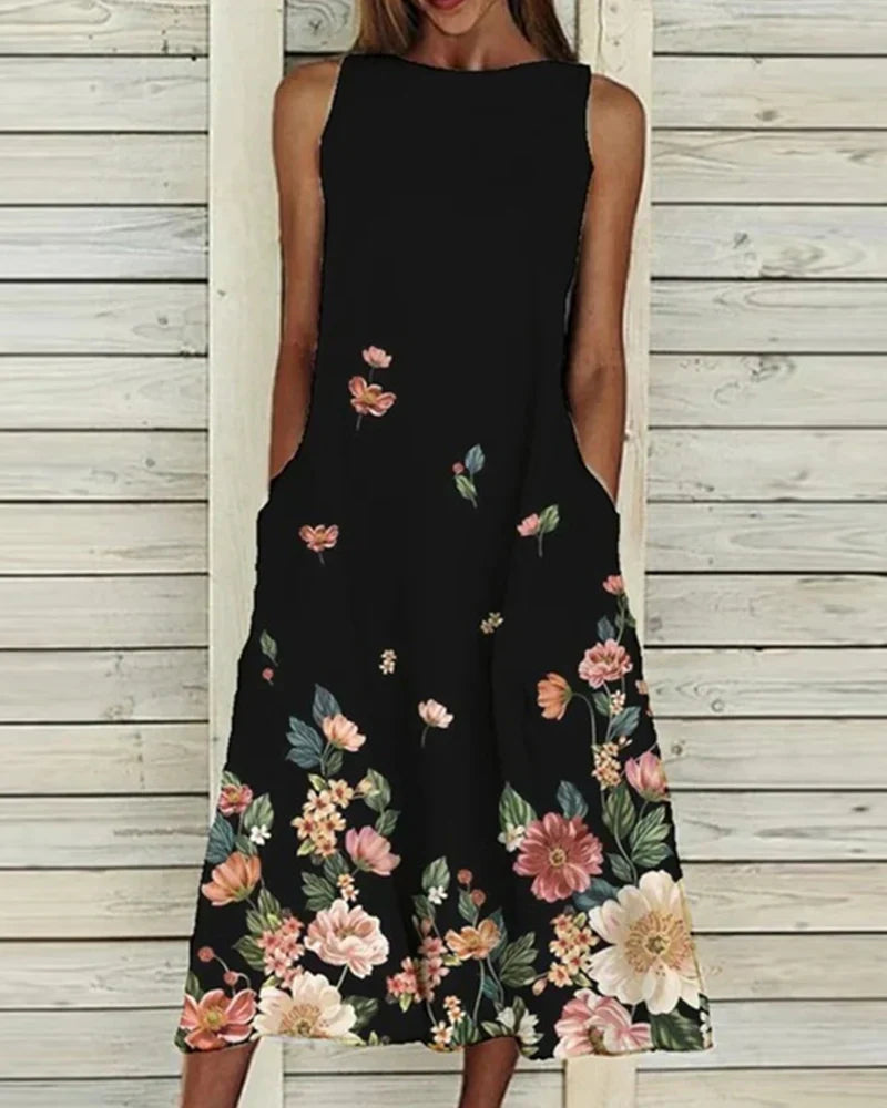 Freya - Women's Sleeveless Round Neck Floral Midi Dress