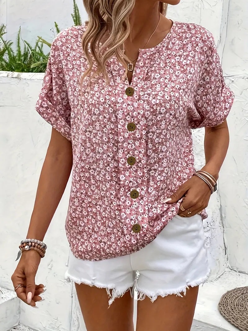 Pamela - Casual Florale Sommerbluse with Button Placket