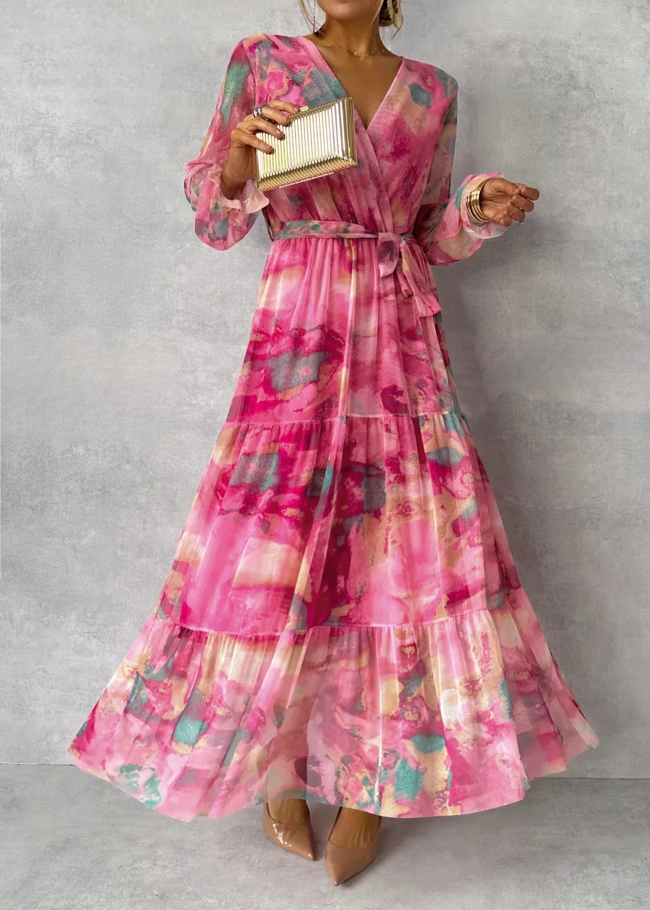 Yvonne - Women's Flowing, pleated Maxi Dress with Belt and Floral Print