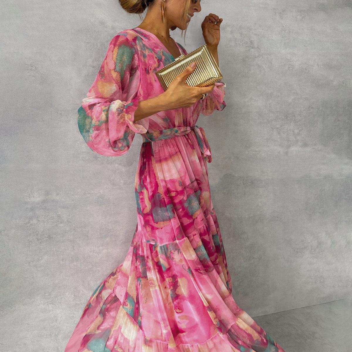 Yvonne - Women's Flowing, pleated Maxi Dress with Belt and Floral Print