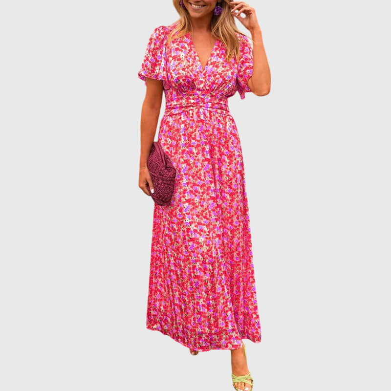 Donna - Women's Maxi Dress with Floral Print and Short Sleeves