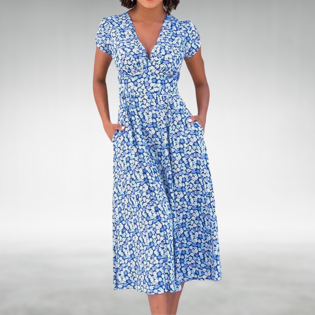 Joanna - Women's Floral V-Neck Midi Dress with Pockets
