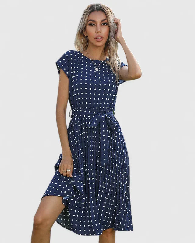 Edith - Women's Midi Dress with Short Sleeves and Pleated Skirt