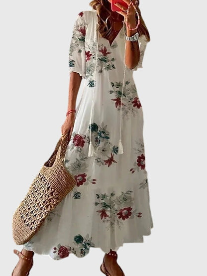 Alison - Women's Boho Maxi Dress with V-Neck