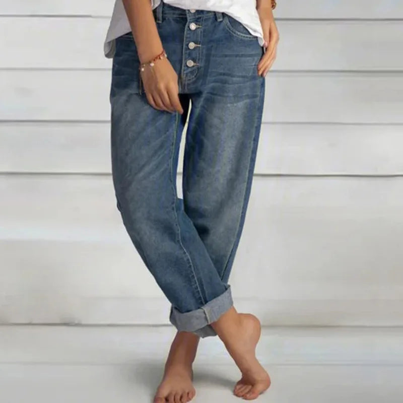 Denise - Women's Wide Geschnittene Jeans with Button Placket