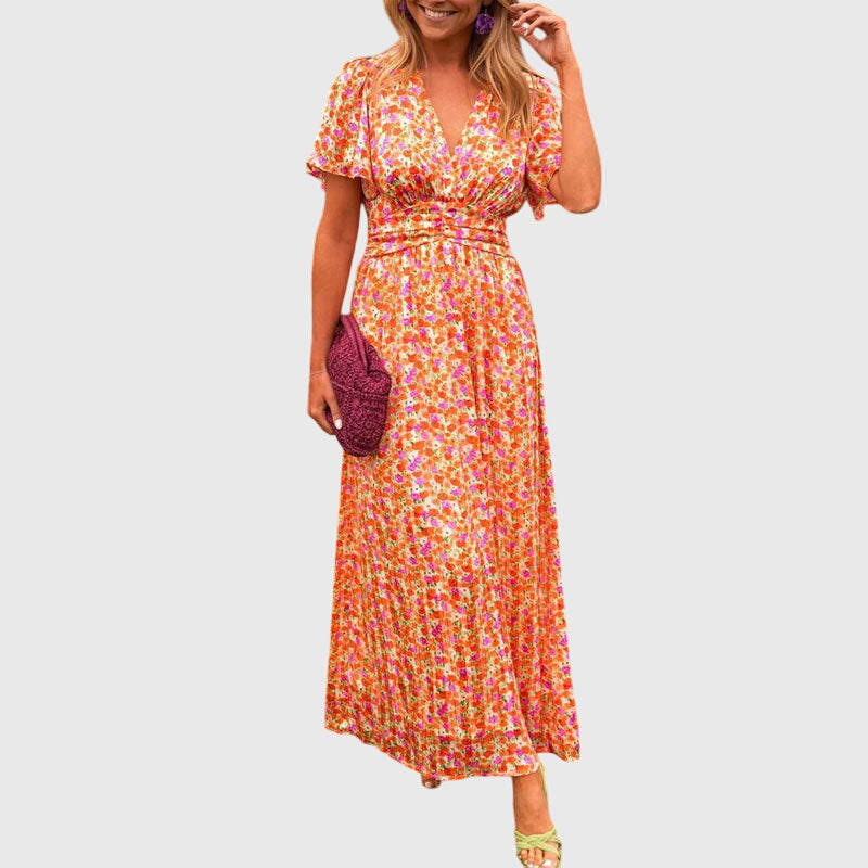 Donna - Women's Maxi Dress with Floral Print and Short Sleeves