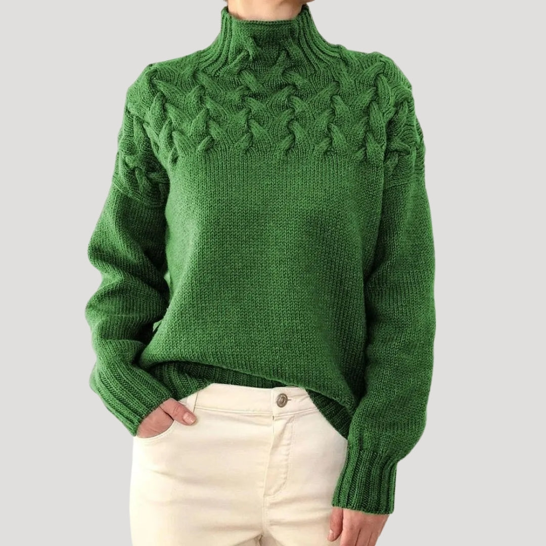 Michelle - Women's Spring Knit Sweater with Cable Knit and high Collar