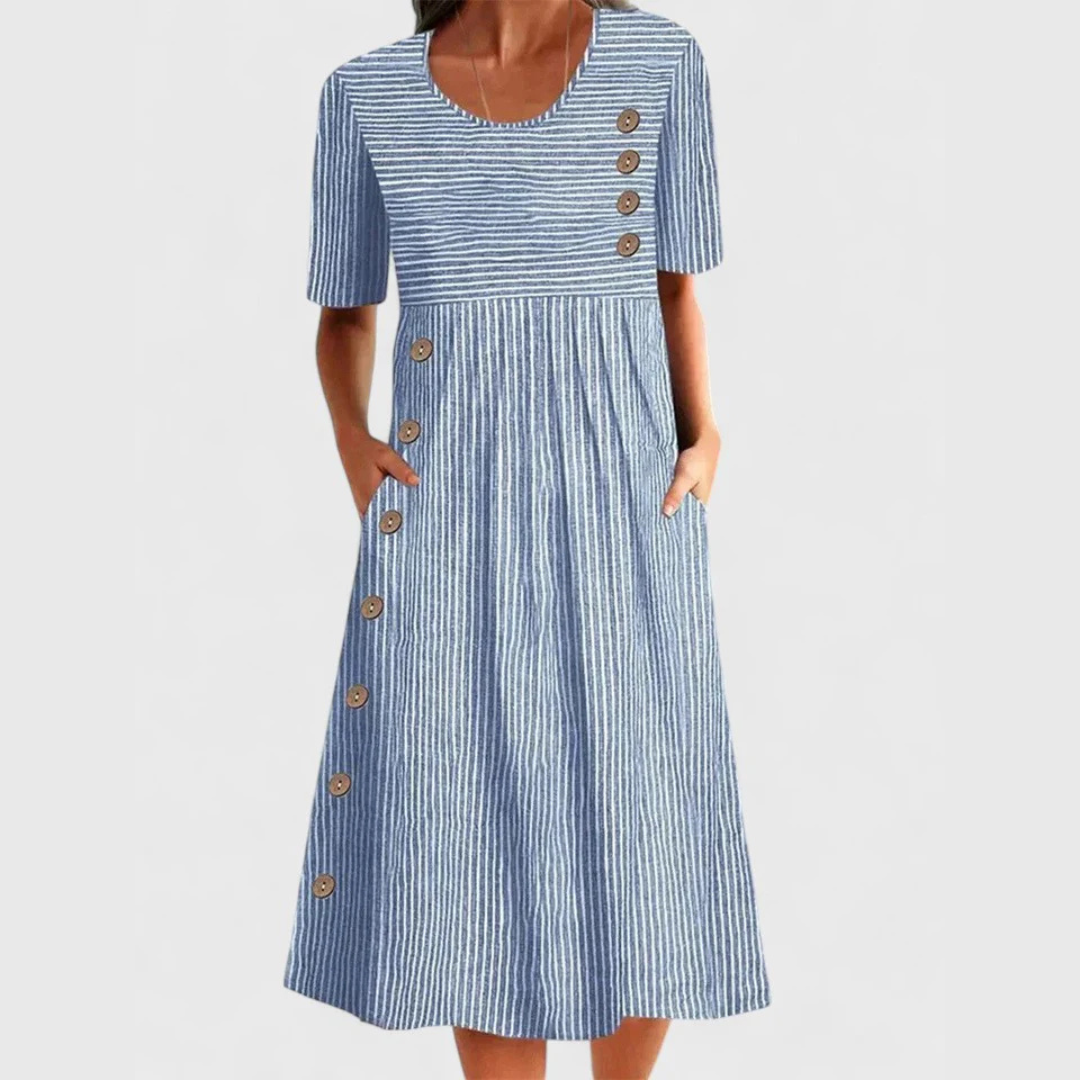Yvonne - Women's A-Line Midi Dress aus Baumwolle with Stripes
