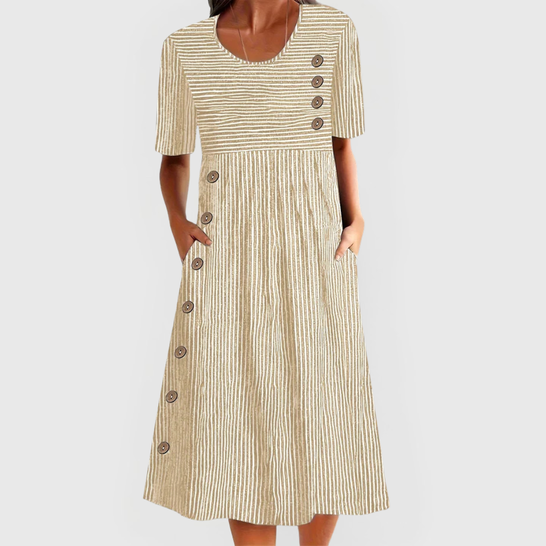 Yvonne - Women's A-Line Midi Dress aus Baumwolle with Stripes