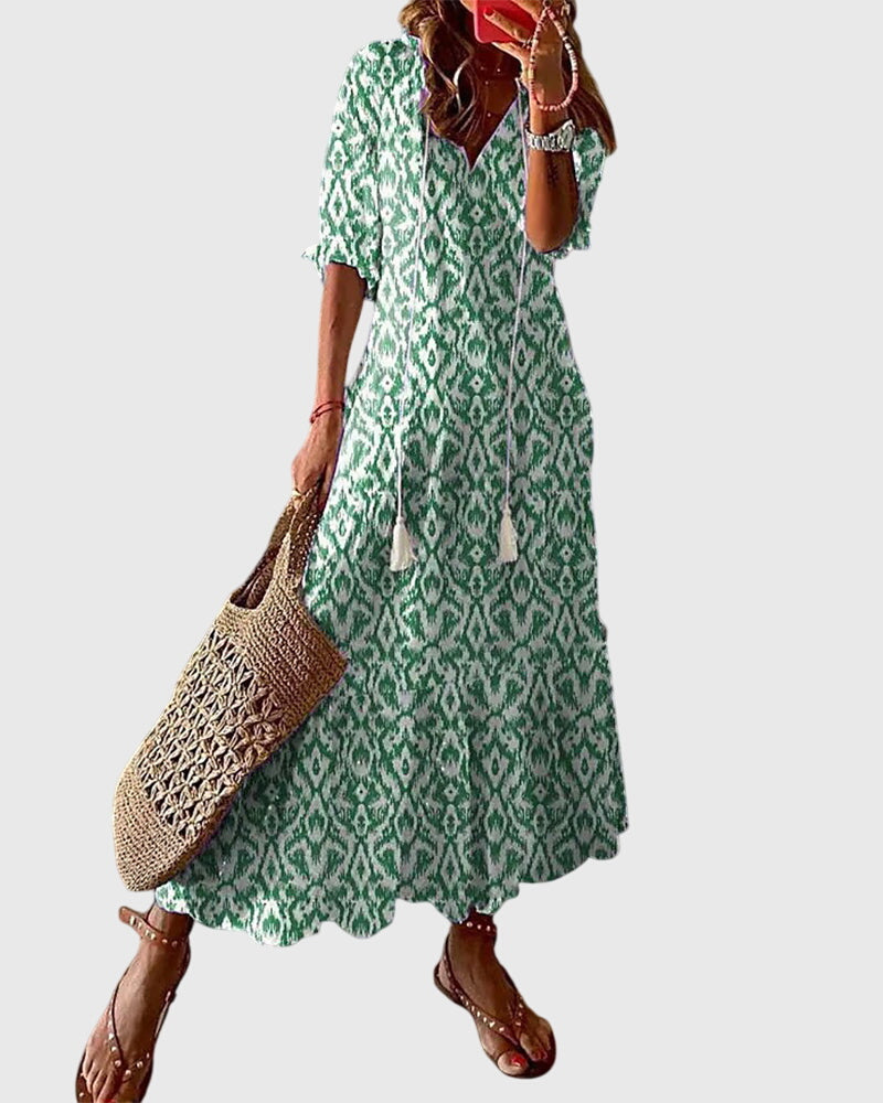 Alison - Women's Boho Maxi Dress with V-Neck