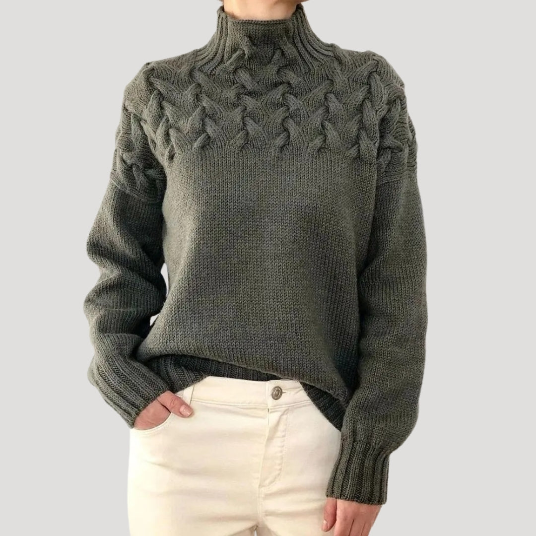 Michelle - Women's Spring Knit Sweater with Cable Knit and high Collar