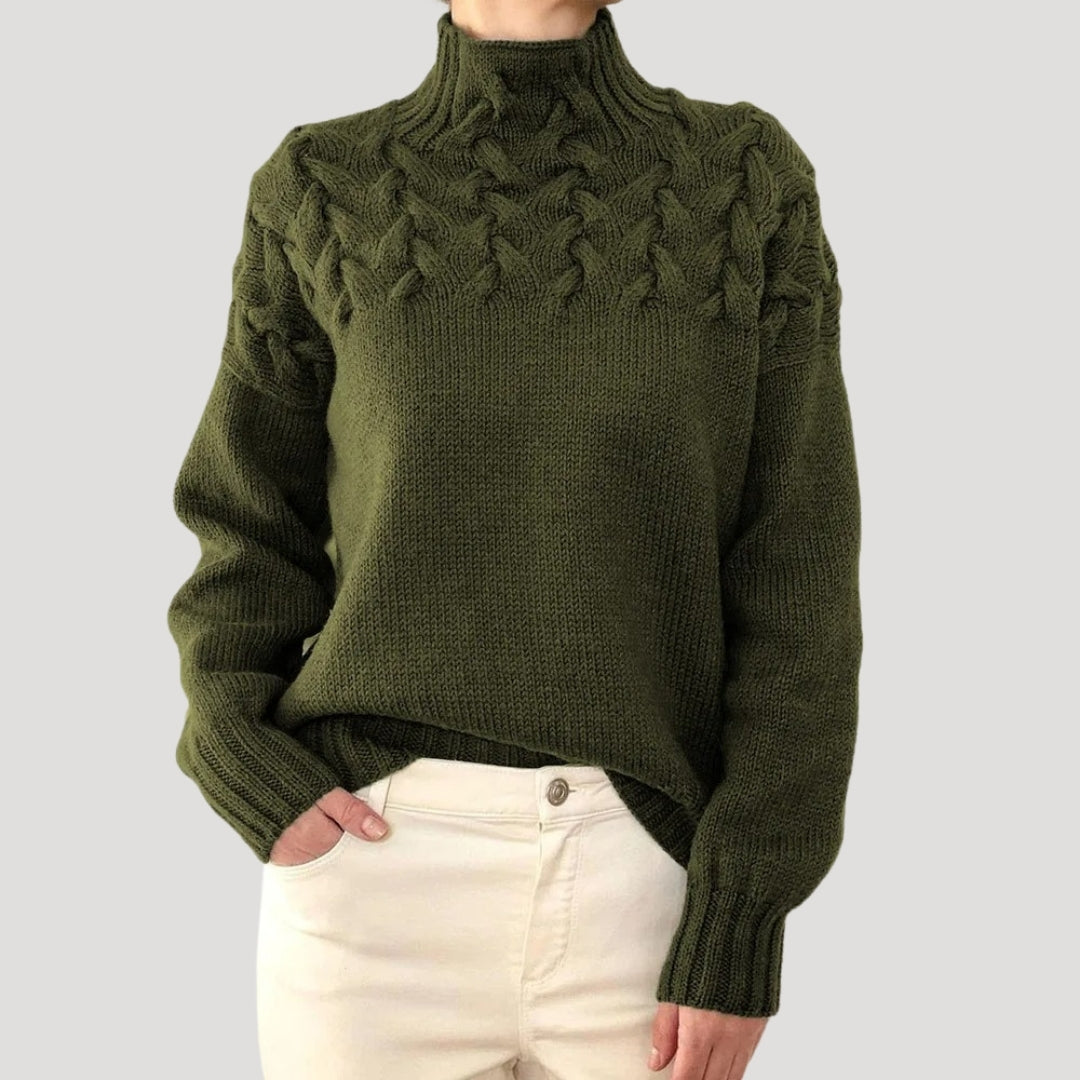 Michelle - Women's Spring Knit Sweater with Cable Knit and high Collar