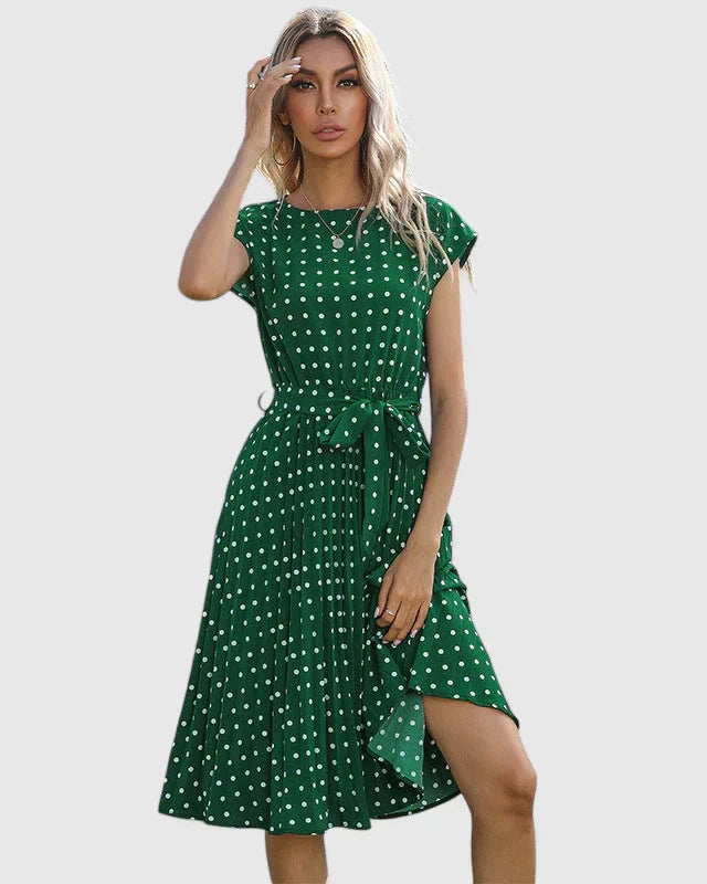 Edith - Women's Midi Dress with Short Sleeves and Pleated Skirt