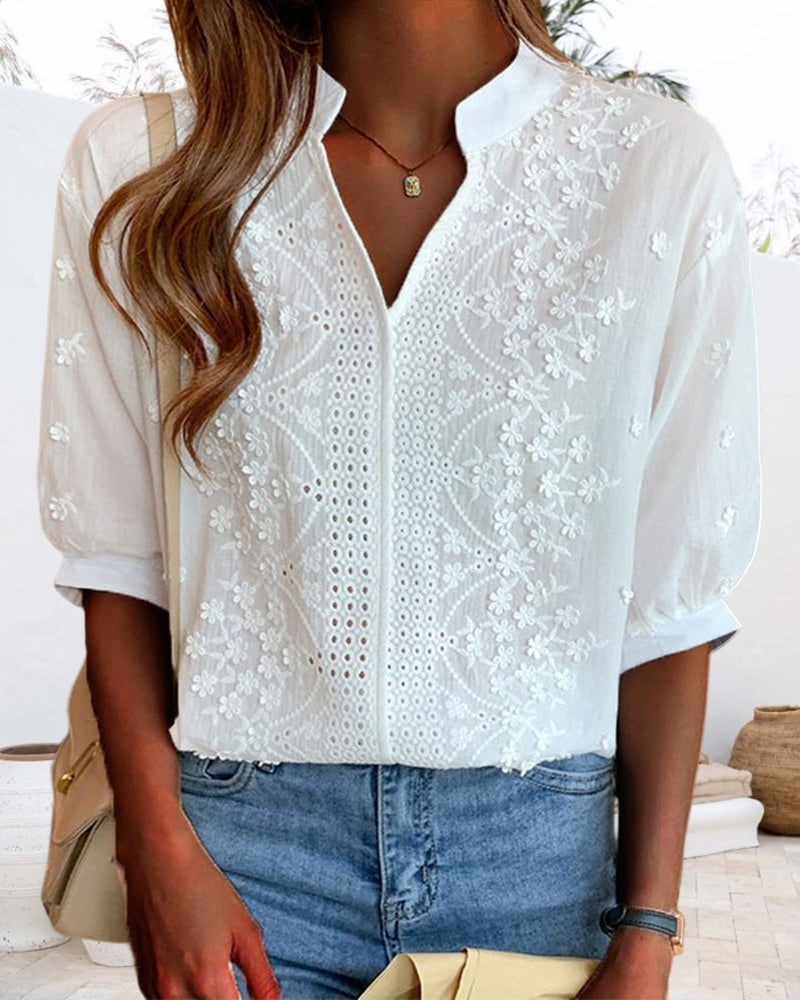 Yvonne - Women's V-Neck Puff Sleeve Blouse
