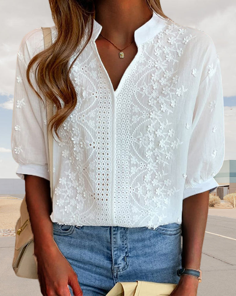 Yvonne - Women's V-Neck Puff Sleeve Blouse