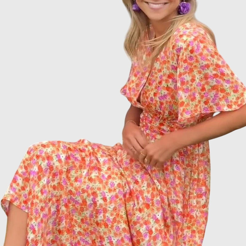 Donna - Women's Maxi Dress with Floral Print and Short Sleeves