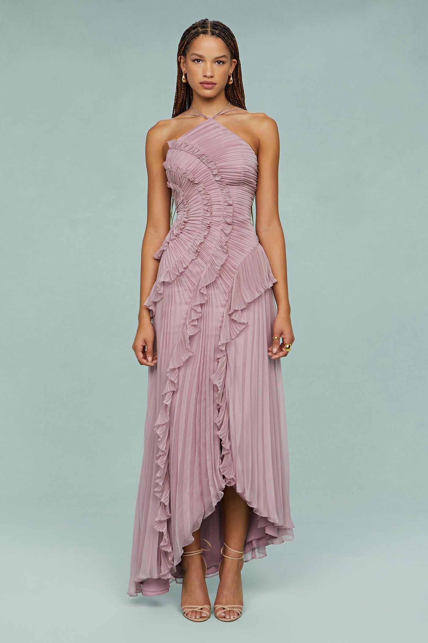 Harriet - Women's Gefaltetes Ruffle Halterneck Midi Dress