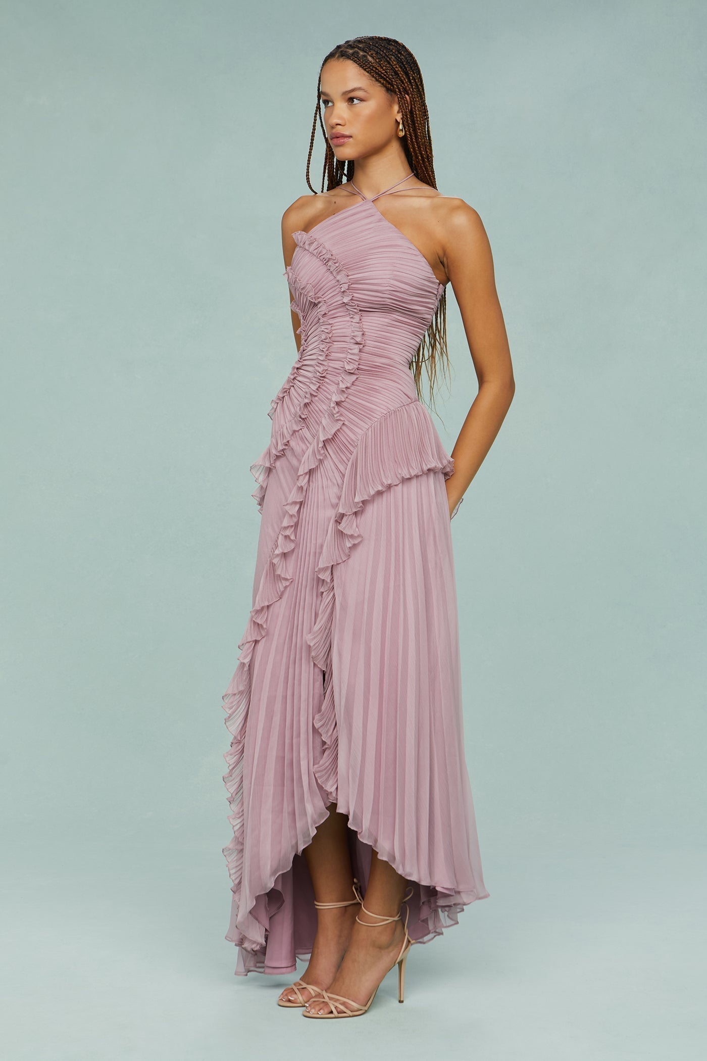 Harriet - Women's Gefaltetes Ruffle Halterneck Midi Dress