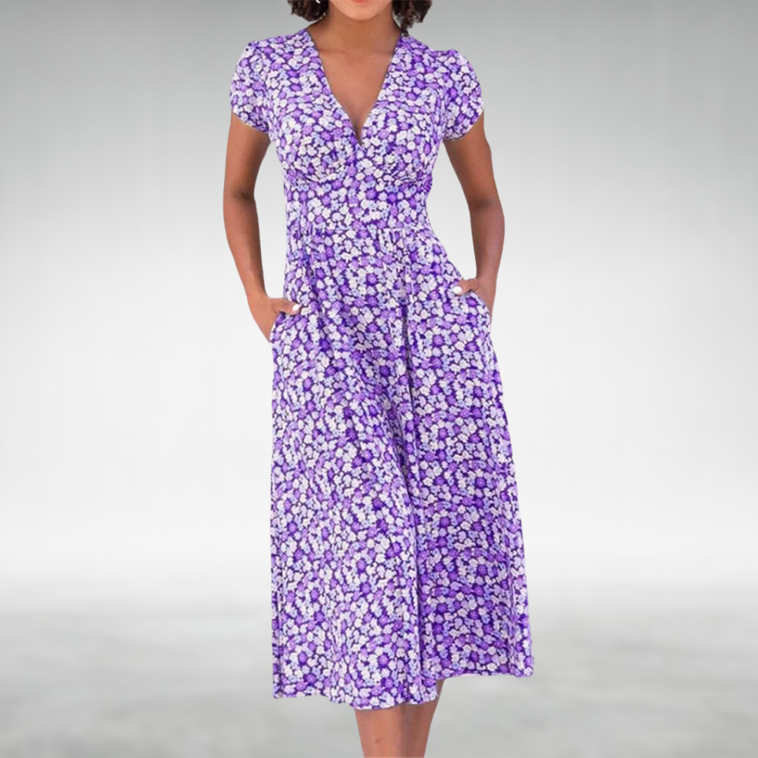 Joanna - Women's Floral V-Neck Midi Dress with Pockets