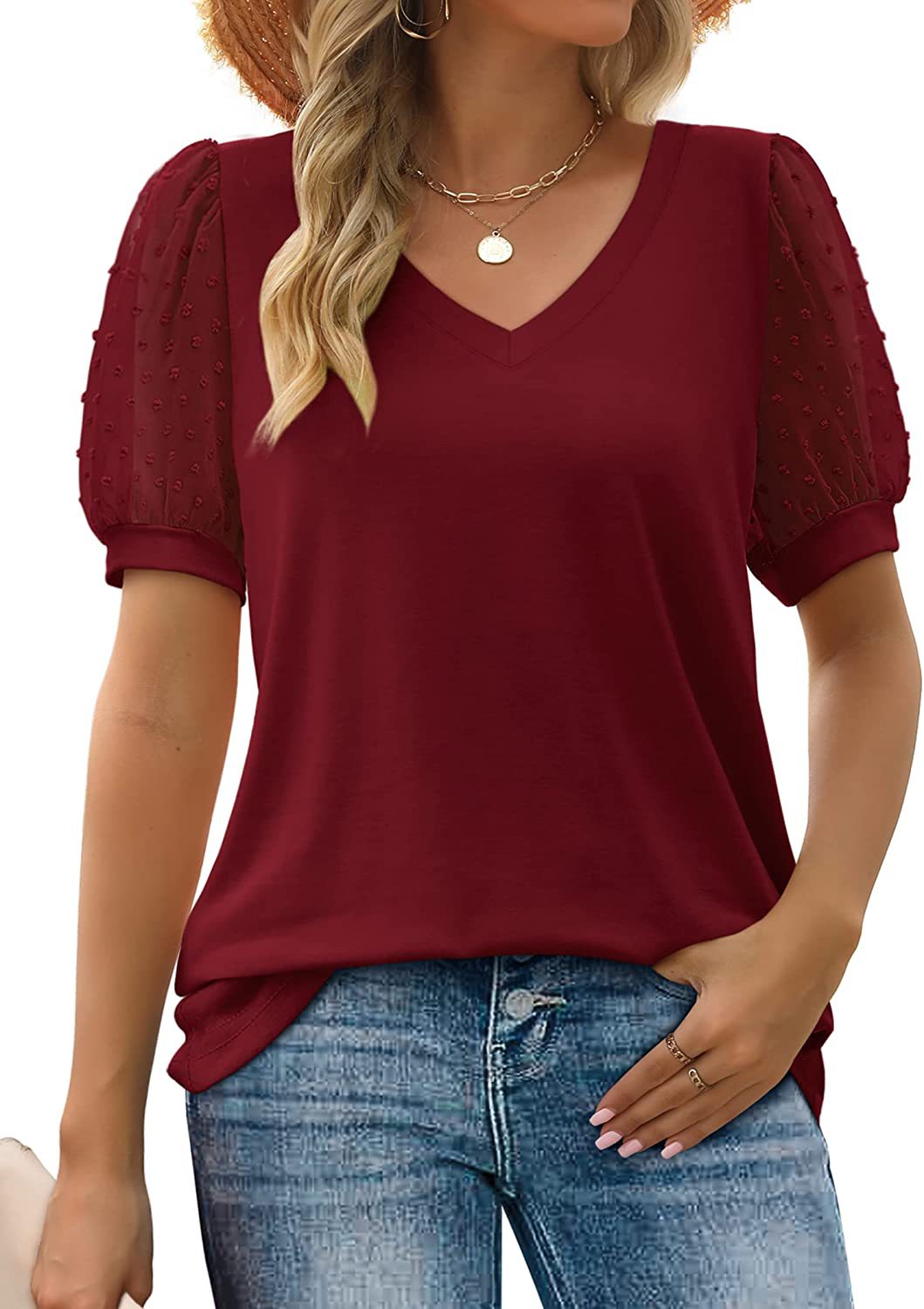Zoe - Women's V-Neck Top with Puff Sleeves