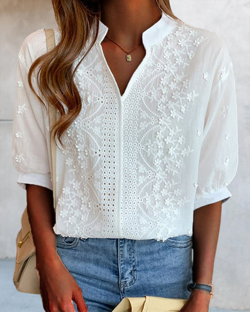 Yvonne - Women's V-Neck Puff Sleeve Blouse