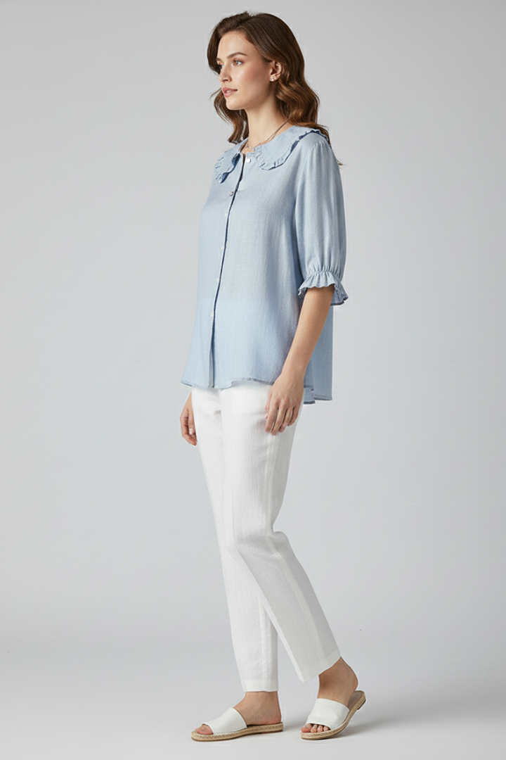 Pamela - Women's Shirt with Ruffle Collar and Buttons