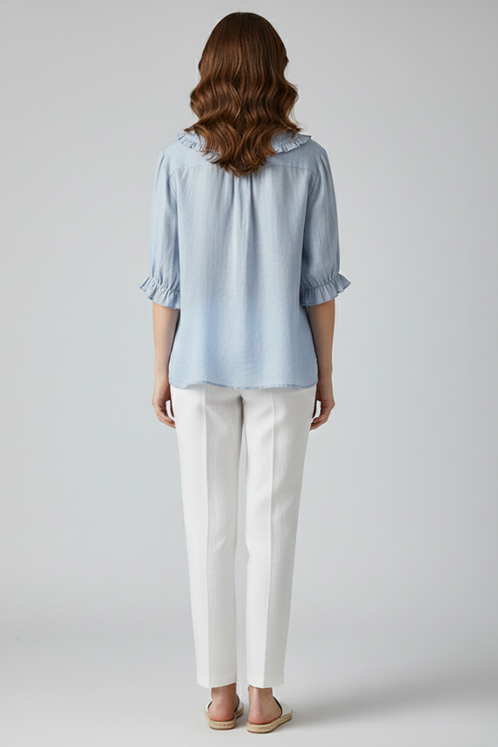 Pamela - Women's Shirt with Ruffle Collar and Buttons