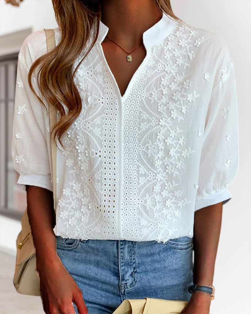 Yvonne - Women's V-Neck Puff Sleeve Blouse
