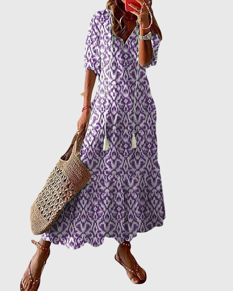 Alison - Women's Boho Maxi Dress with V-Neck