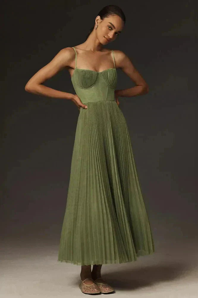 Rebecca - Women's Pleated Straps Maxi Dress