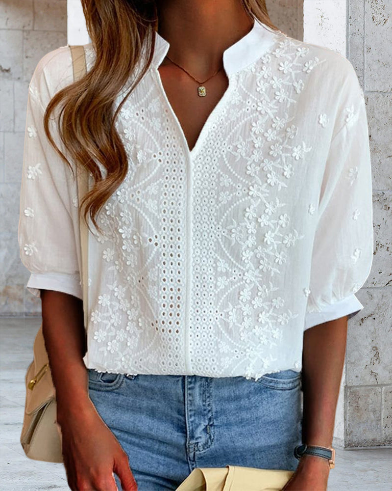 Yvonne - Women's V-Neck Puff Sleeve Blouse