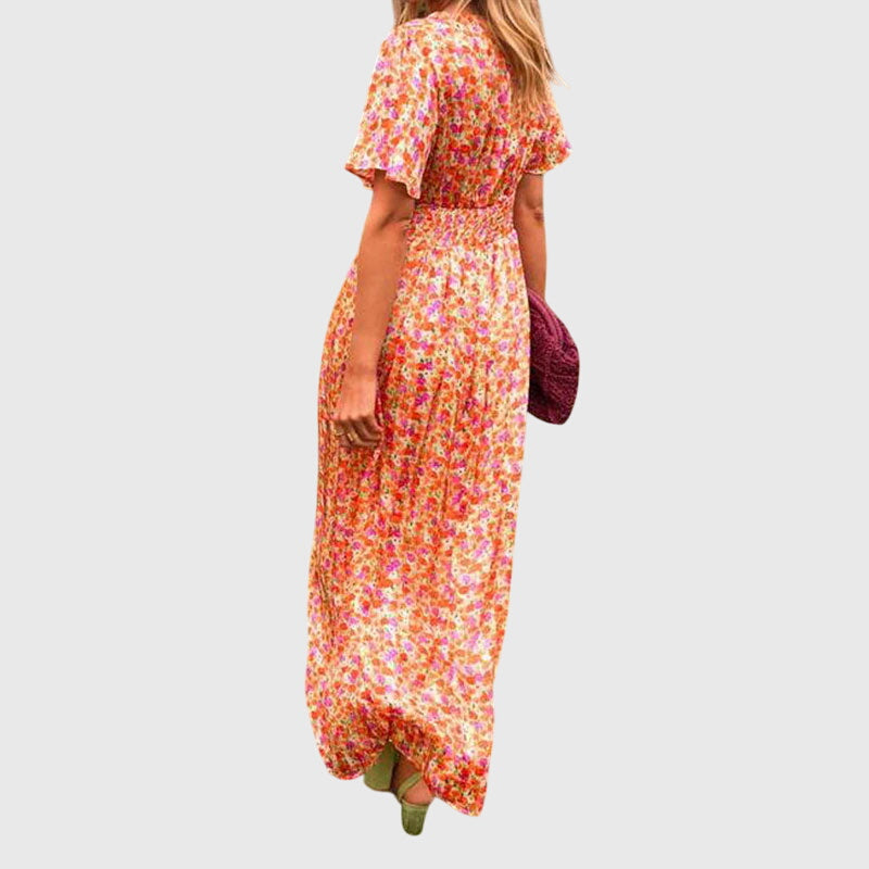 Donna - Women's Maxi Dress with Floral Print and Short Sleeves