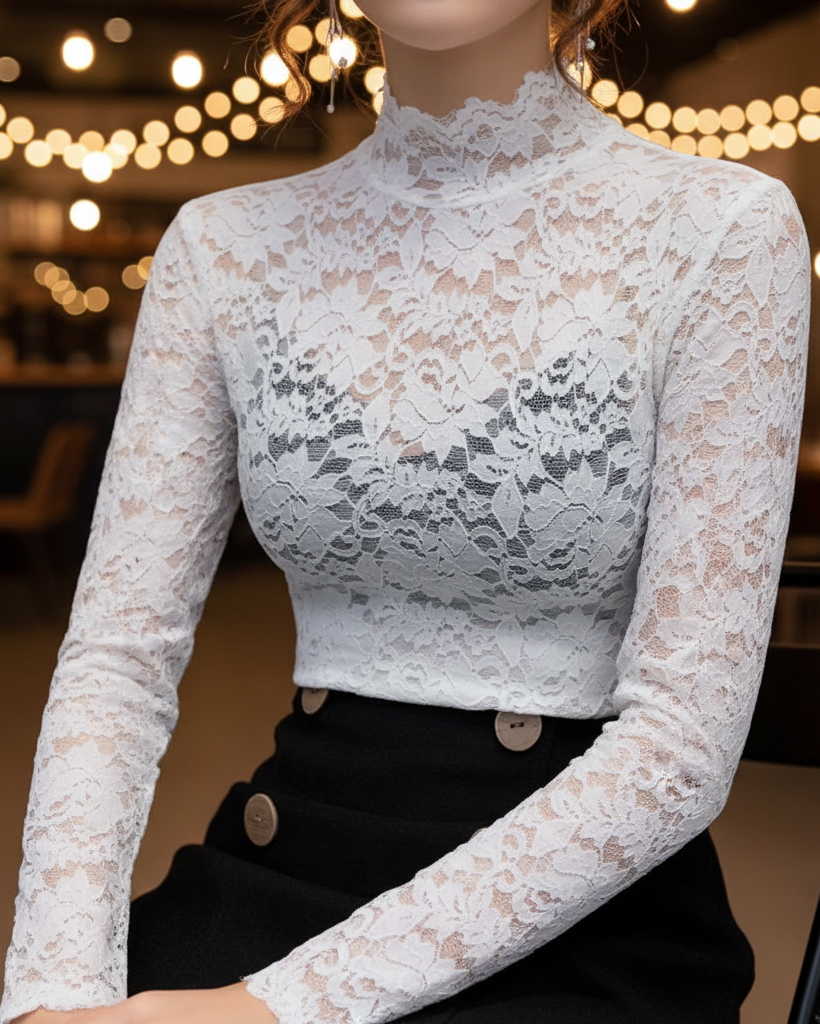 Joanna - Women's Spring-Spitzenbluse with Stehkragen