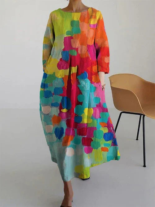 Eleanor - Women's Maxi Dress with abstraktem Floral Print and langen Sleeves