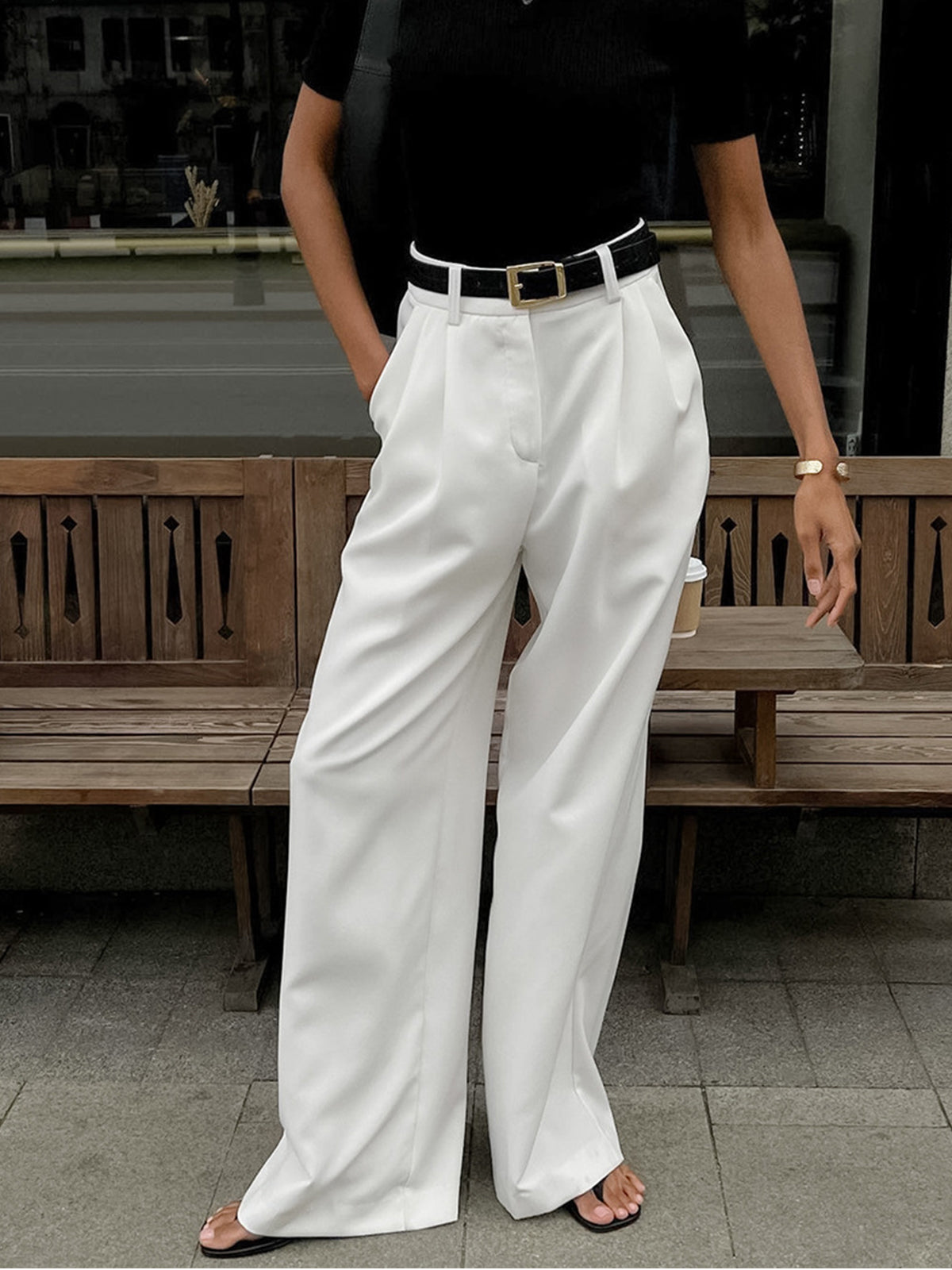 Laura - Women's Pleated Front Wide-Trousers with Belt
