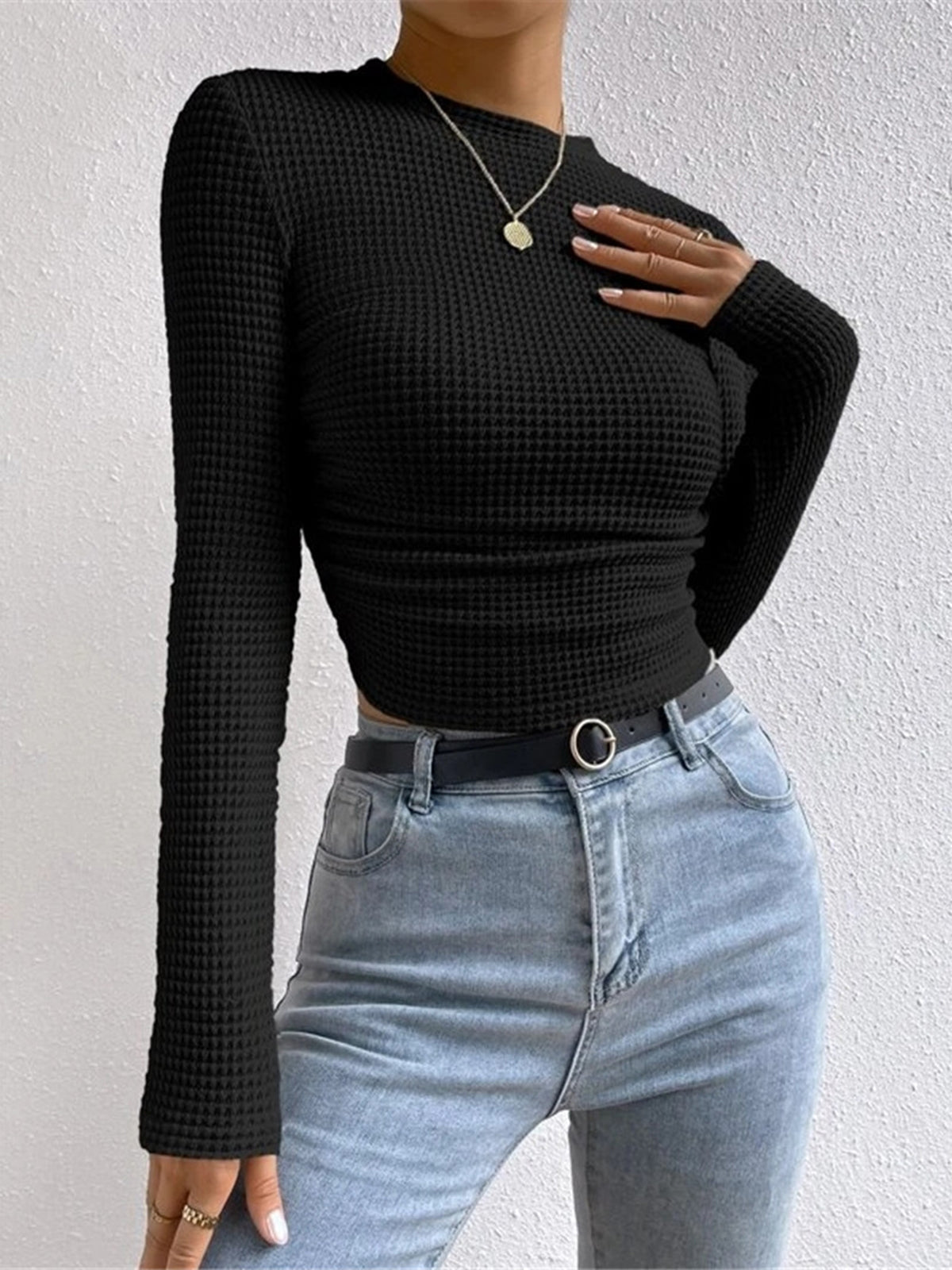 Rebecca - Women's Long Sleeve Crop-Top Aus Waffelstrick