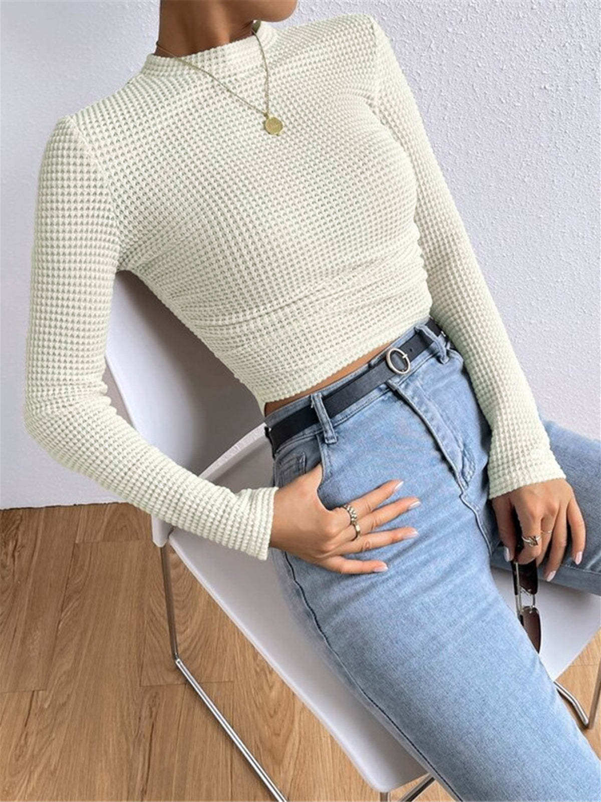 Rebecca - Women's Long Sleeve Crop-Top Aus Waffelstrick