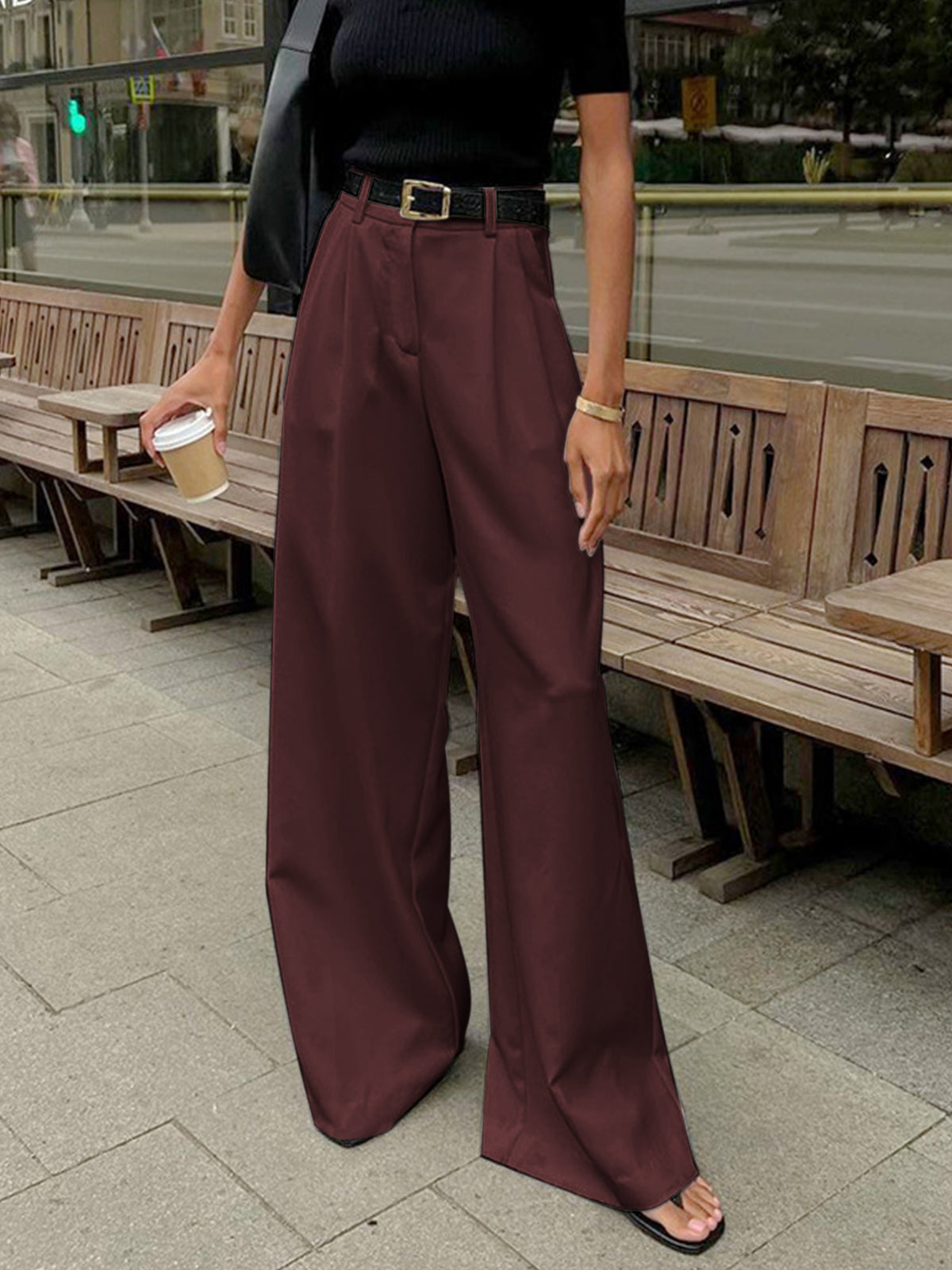 Laura - Women's Pleated Front Wide-Trousers with Belt