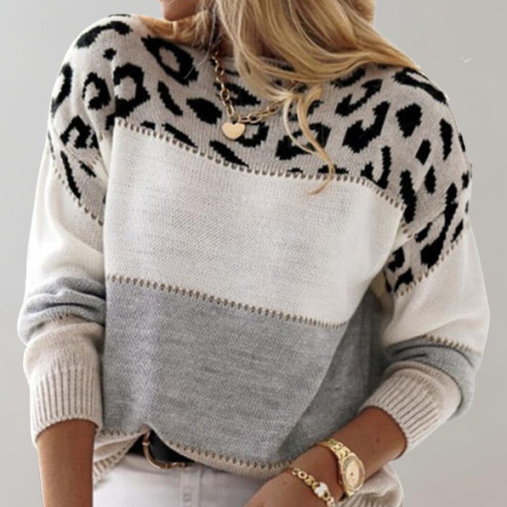 Doris - Women's Soft Knit Sweater with Colour Block and Leopard Print