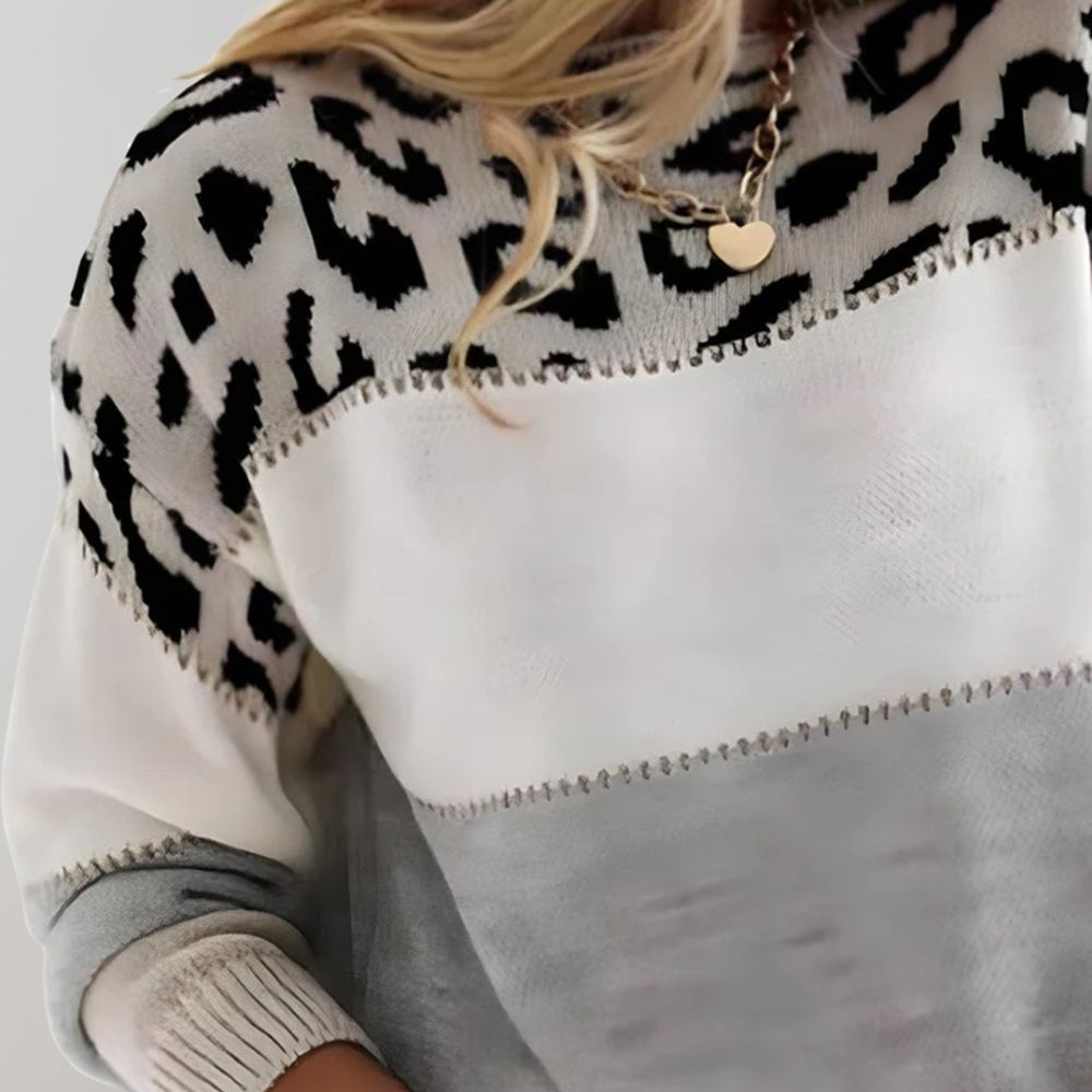 Doris - Women's Soft Knit Sweater with Colour Block and Leopard Print