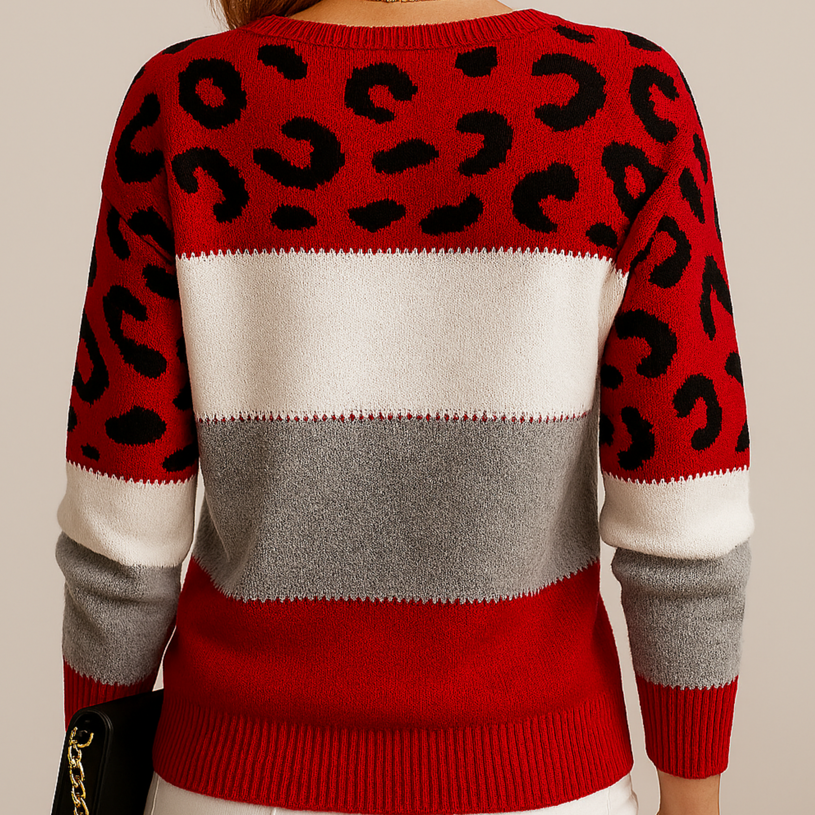 Doris - Women's Soft Knit Sweater with Colour Block and Leopard Print
