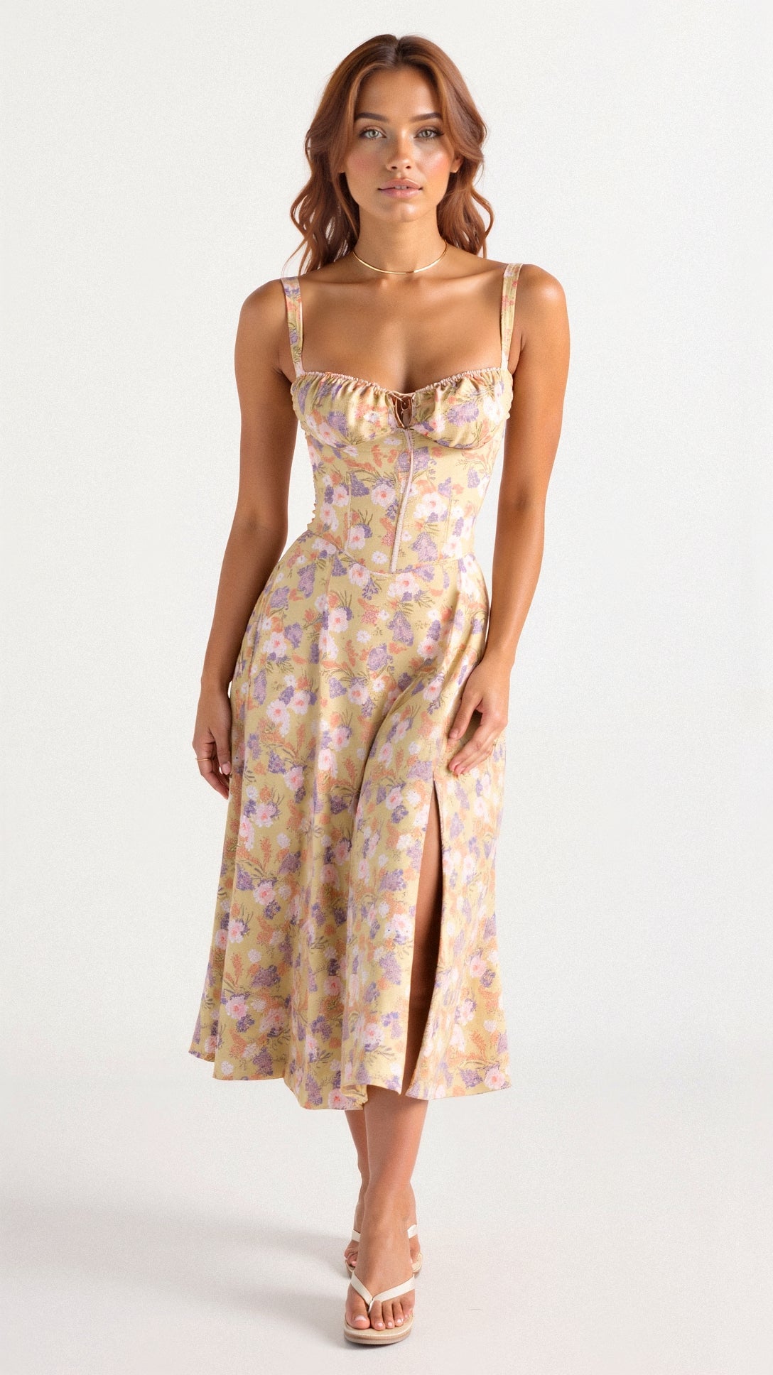 Sheila - Women's Corset-Midi Dress with flowing Skirt