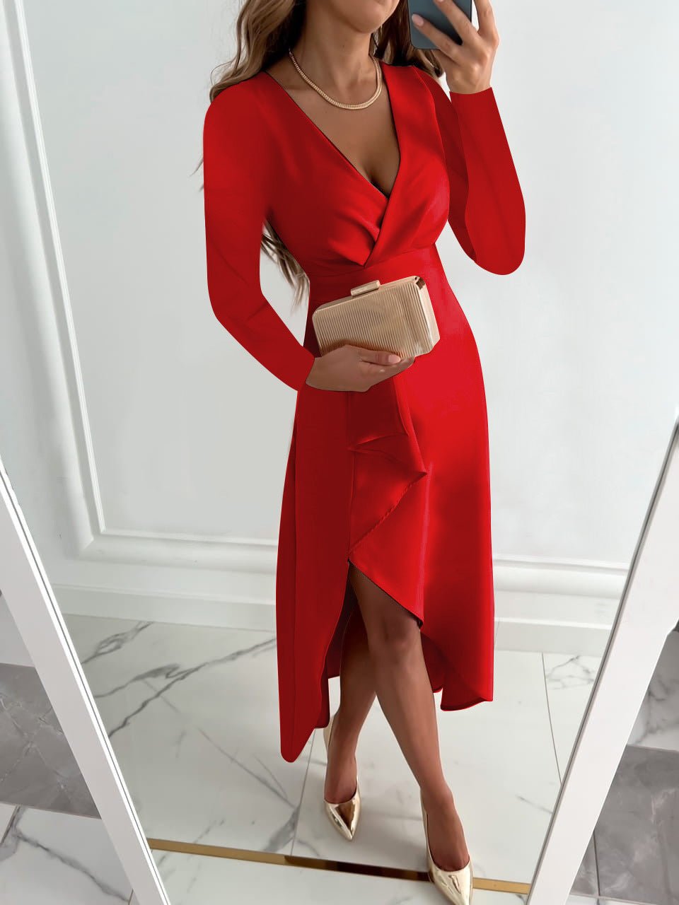 Janice - Women's Midi-Etui-Dress with V-Neck and Slit