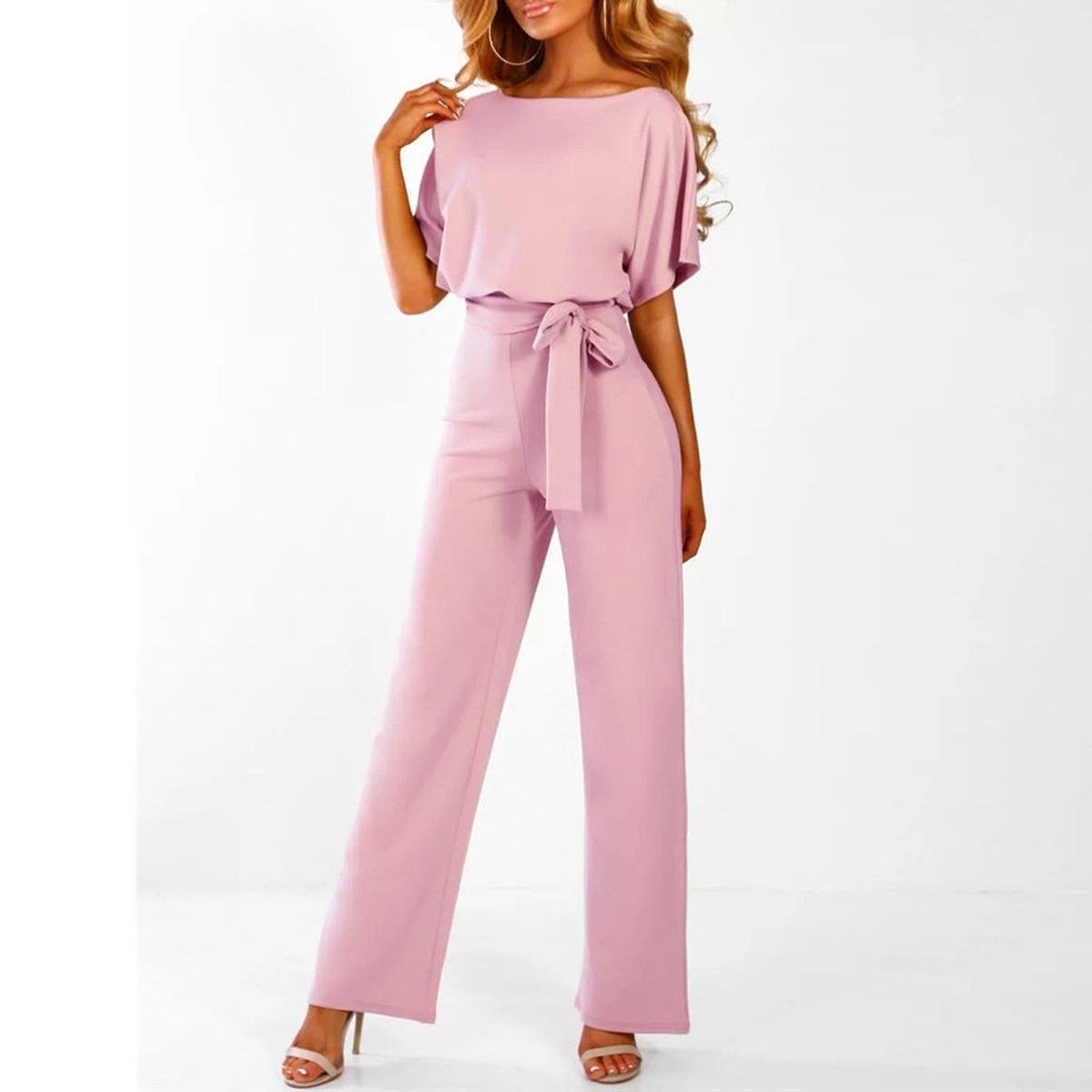 Doris - Women's Casual Short Sleeve-Jumpsuit with Belt