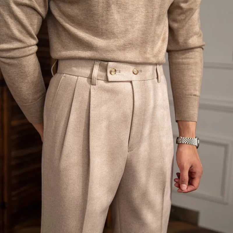 Leo - Men's Trousers with High Waist, Pleated and Straight Cut