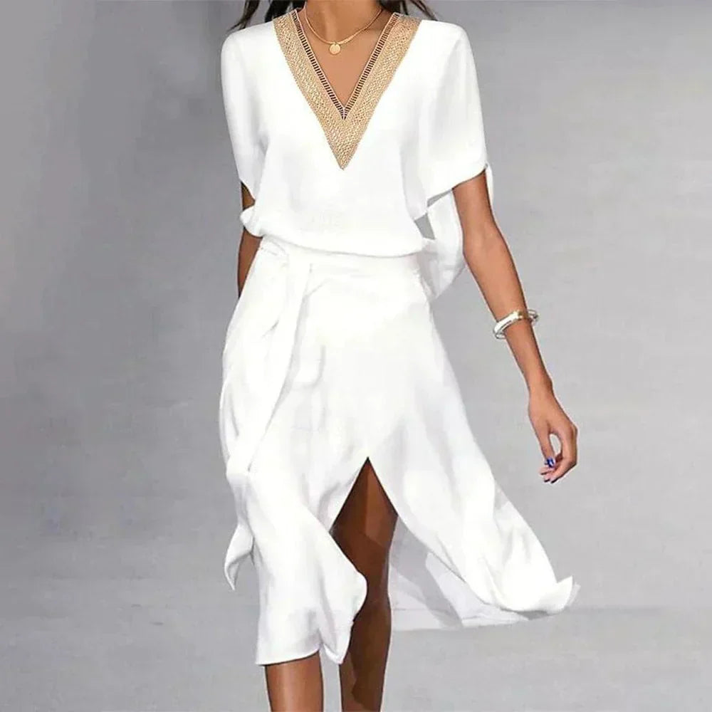 Eva - Women's Elegant V-Neck Wickel Midi Dress
